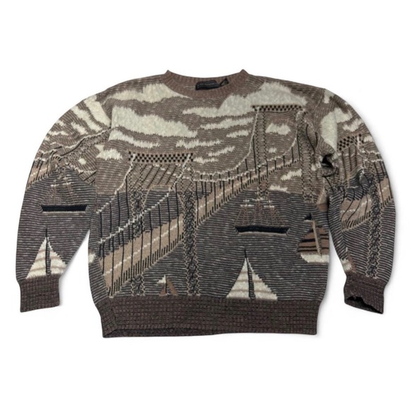 Crossings Other - Crossings Vintage 90s Gateway Bridge Sailboat brown Knit Sweater Mens Medium